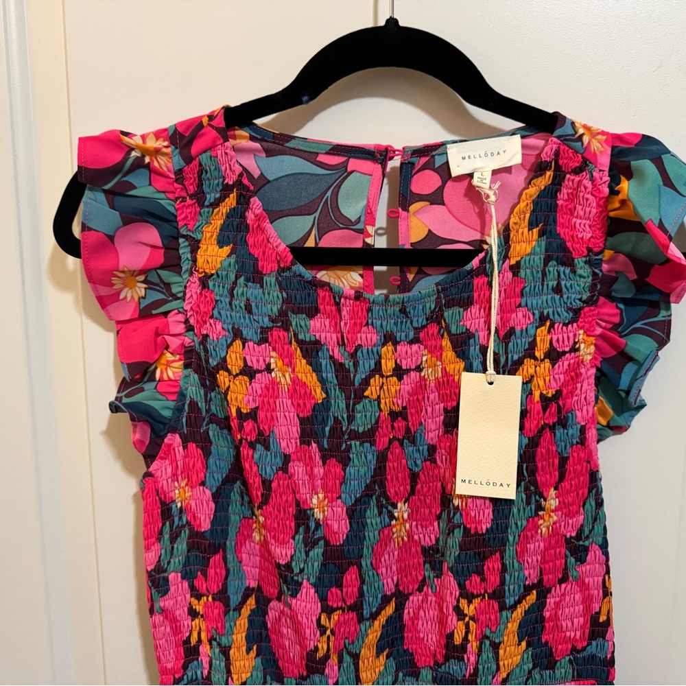 Melloday Women's Floral Smocked Top Midi Dress - Pink and Green (Large)